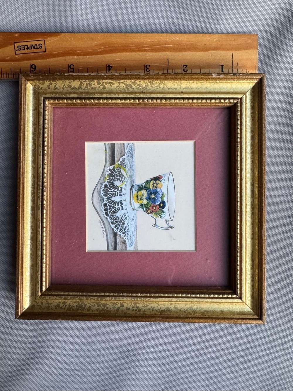 Framed Gold Home Art with Pink Mat and Floral Teacup Illustration